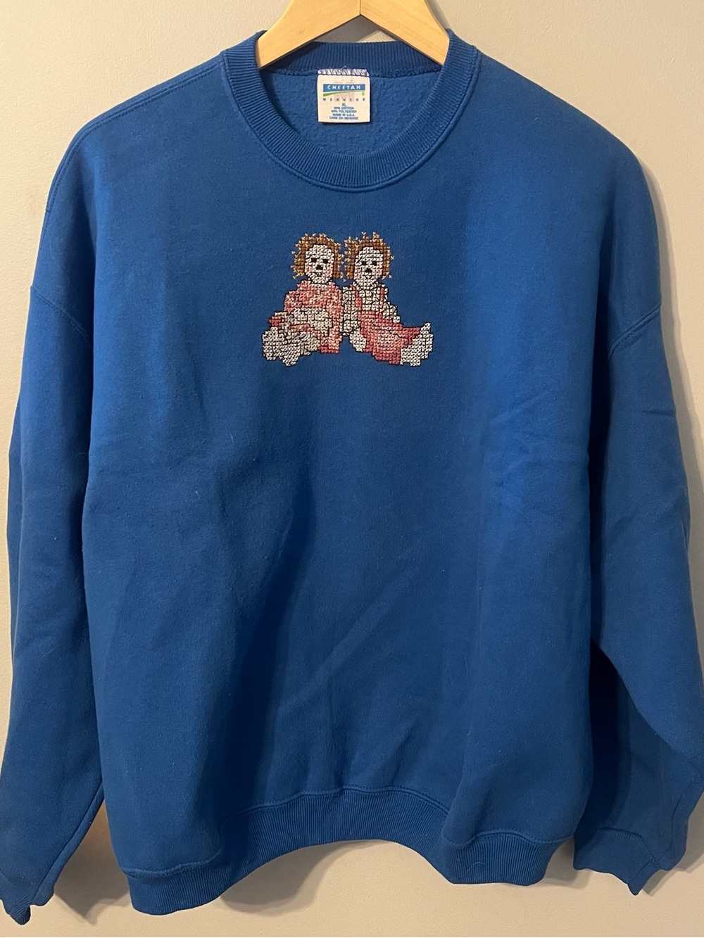 Vintage Raggedy Ann & Andy Crewneck Size XL Cross-stitch Blue Sweatshirt USA 90s